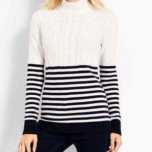 Talbots Pullover Fisherman Sweater Mockneck Off White Cream Navy Stripes Coastal